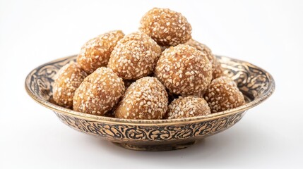 A pile of sesame balls rests on an ornate, gold-colored plate. The sesame balls are round and covered in sesame seeds, with a light brown color. 