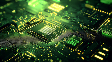 A computer chip is shown in a green and yellow color