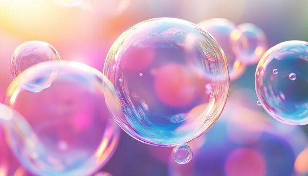 Realistic Soap Bubbles: The Phenomenon Of Falling And Flying Bubbles With A Glass Bubble Effect. Visualizing The Realistic Behavior Of Soap Bubbles.