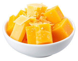 “Cheese Cubes and Crumbles in a Bowl, isolated on a transparent background”.