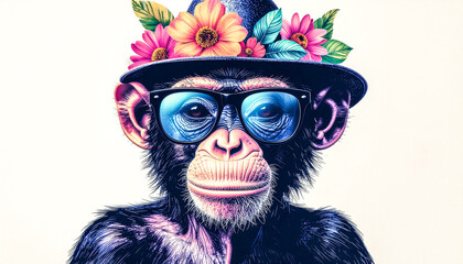 bunte humorvolle Illustration eines Affenportrait mit Sonnenbrille und Hut mit Bl&uuml;tenkranz