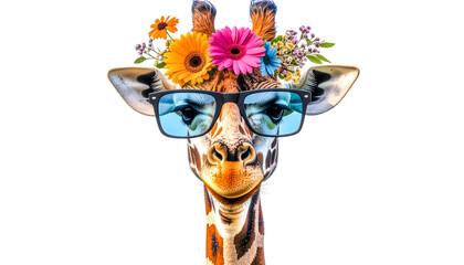 Portrait einer freundlichen Giraffe mit riesiger Sonnenbrille, einem Kranz aus bunten Bl&uuml;ten auf dem Kopf zwischen abstehenden Ohren auf wei&szlig;em Hintergrund