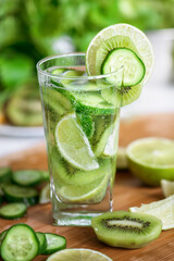 Glass of cold fruit and vegetable refreshing drink.