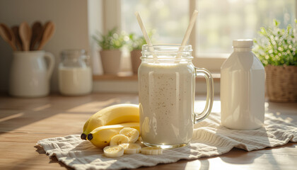 Banana smoothie in glass jar on kitchen table with fresh fruit  