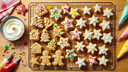 Decorating christmas gingerbread cookies and sugar cookies with icing