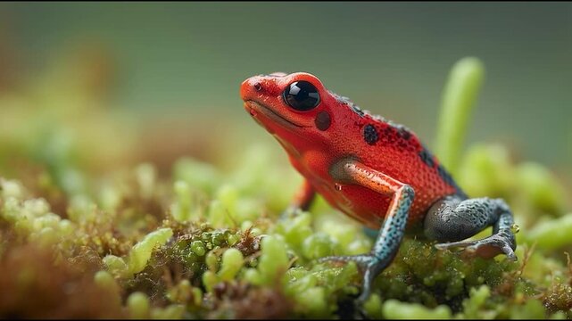 Close-up of vibrant red and blue poison dart frog on green moss in tropical rainforest habitat
