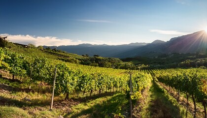 Fototapeta premium Lush Vineyard Sunlit Vines Mountain Vista Tranquil Scene