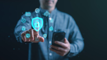 Businessman using smartphone and interacting with a futuristic cybersecurity interface, featuring icons like AI, shield lock, firewall, and cloud storage for secure data access and protection.