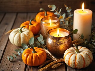 Pumpkins and candles decorating rustic wooden table for autumn