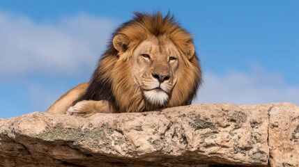 Obraz premium World Lion Concept. Majestic lion resting on a rocky ledge under a blue sky.