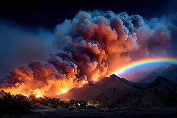 Fototapeta premium Volcanic eruption with rainbow at night
