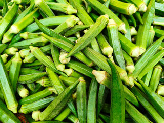 Close up shot of pile of fresh lady finger.