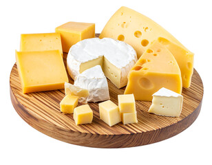 “Assorted Cheese Blocks on Wooden Board, isolated on a transparent background”.