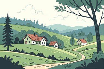 rural landscape with houses and trees