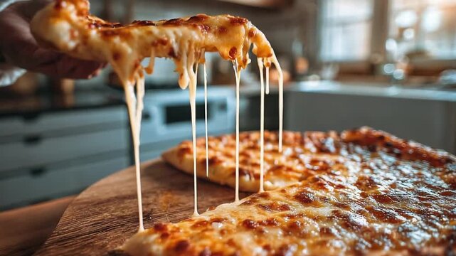 A cheese pizza on a wooden board, a slice being lifted with melted mozzarella strings stretching from slice to pie.