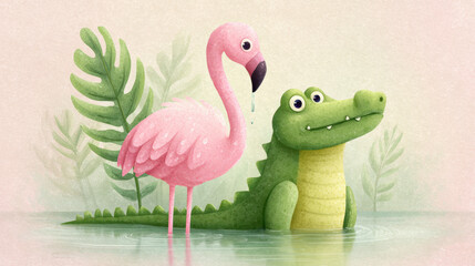 Obraz premium Together cartoon, A whimsical illustration of a friendly crocodile and a pink flamingo amidst lush greenery in a calm water setting.