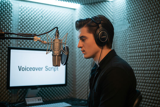 Professional young voice actor ready to record narration for audio projects in a soundproof studio, headphones on, focused on script displayed on screen.