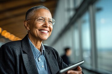 Fototapeta premium Smiling woman with glasses using a tablet while enjoying a bright indoor space