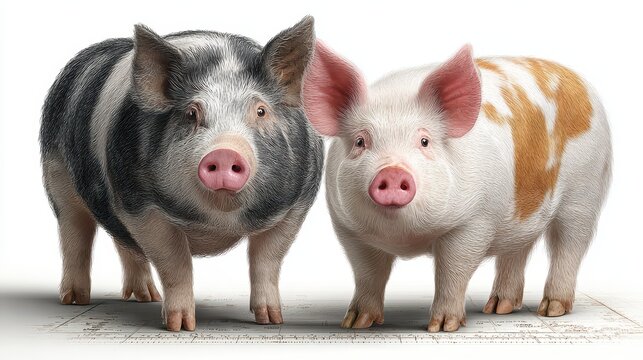 Two adorable farm pigs standing together with curious expressions indoors