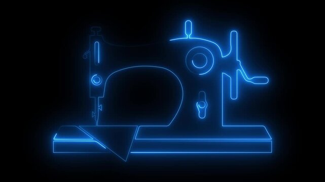Neon glowing sewing machine icon, blue luminous tailoring equipment, vintage fashion textile craft design on a black background.