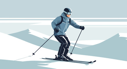 Skier Gliding Downhill Amongst Snow Covered Mountains During Winter Sport Activities