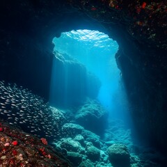 Sunbeams illuminate a hidden underwater cave teeming with a school of small fish and coral reefs