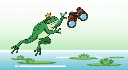 Fototapeta premium Royal Frog Joyfully Observes Using Binoculars Over A Pond, Cartoon Illustration Style