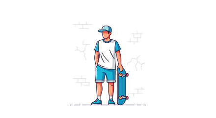 Fototapeta premium Skateboarder Standing, Holding His Board, In Front Of Simple, Textured Brick Wall