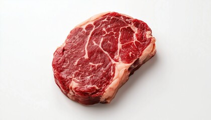 Fototapeta premium Artistic Representation Of Fresh Marbled Beef: Raw Red Meat Steak On A White Background - Perfect Decor For Bars And Restaurants.