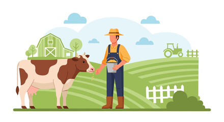 Naklejka premium Rural Scene Depicting Farmer Feeding Cow In Pastoral Farmland Green Landscape Illustration