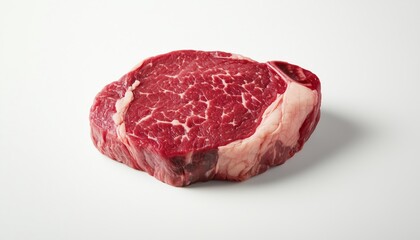 Fototapeta premium Fresh Marbled Beef: Realistic Watercolor Painting Of Raw Red Meat Steak On White, Perfect Art For Bar And Restaurant Decor