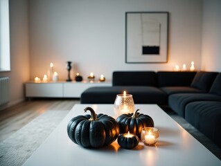 Black pumpkins and candles decorating modern living room for autumn