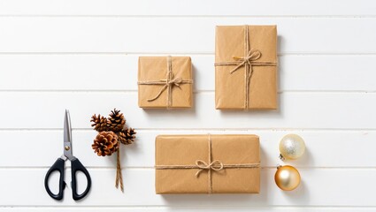 Christmas gifts wrapping with rustic natural elements