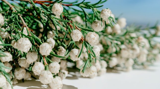 Macro close-up of ozothamnus flowers showcasing small white petals against a clean background in soft natural light