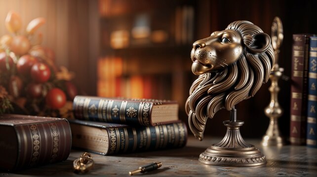 Bronze lion head on desk in antique library symbolizing wisdom and majesty among books