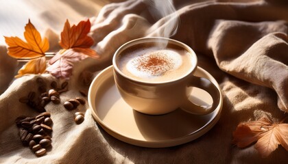 A Steaming Cappuccino Sitting Serenely On Linen Whispers Cozy Autumnal Mornings Invoking Hygge Vibes And National Coffee Day Warmth