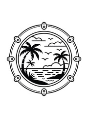 Tropical island scene viewed through a ship s porthole window