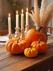 Pumpkins and lit candles creating autumn thanksgiving table decor