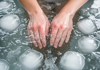 Fototapeta premium Caucasian woman submerging hands in ice water during cold plunge therapy