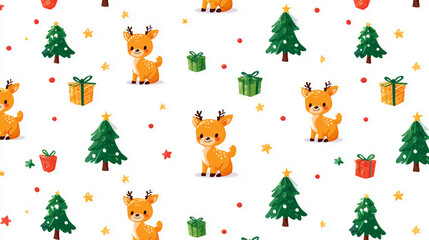 Fototapeta premium Seamless cartoon reindeer with Christmas trees and gifts on white background
