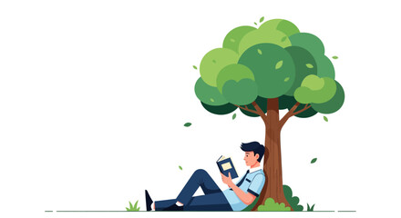 Serene Scene: Man Reading Under a Tree during a Quiet, Peaceful Afternoon