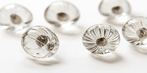 A collection of clear glass knobs are arranged on a white surface. The knobs are rounded and have a ribbed or faceted design, creating a pattern of light and shadow. 