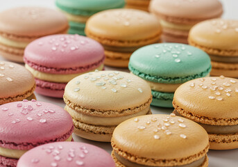 Obraz premium An assortment of pastel-colored macarons with sparkling sugar sprinkles arranged on a white background.