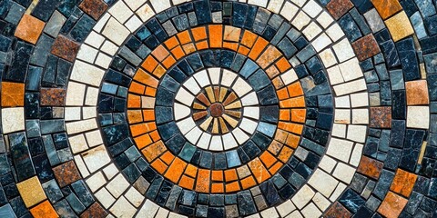 Fototapeta premium A circular mosaic pattern is created using a variety of colored stone tiles. The design features concentric circles of different stone types, including dark blue, orange, white, and brown. 