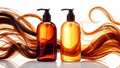 Naklejka premium Close-up of shampoo and conditioner bottles with silky brown hair strands and glossy reflection, representing beauty, haircare, cosmetics, and healthy lifestyle concept