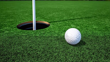 Close up View of Golf Ball Rolling Towards the Hole on a Vibrant Green Putting Surface