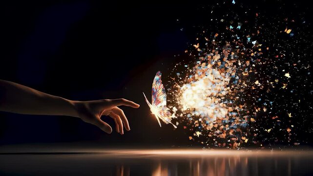 A hand reaching to touch a glowing, digital butterfly disintegrates into colorful particles. Abstract concept of nature, technology, and change. 3d rendering, video