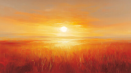 Obraz premium A painting of a field with a sun in the sky