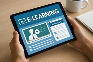 Hands holding tablet displaying e-learning platform for online study and distance learning