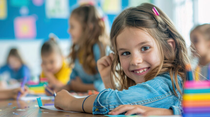 Obraz premium happy kids learning in classroom, education concept, bright colorful environment